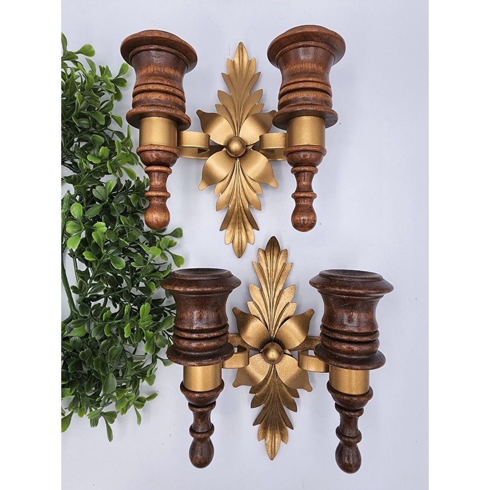 Vintage Set of 2 Double Sconces in Wood And Metal